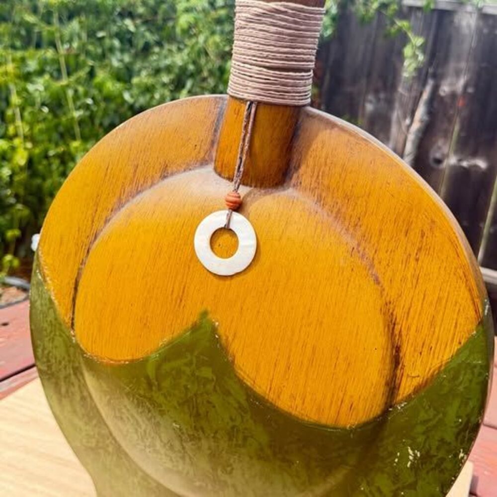 Decorative poly Stone flat vase with twine wrap and Stone accent